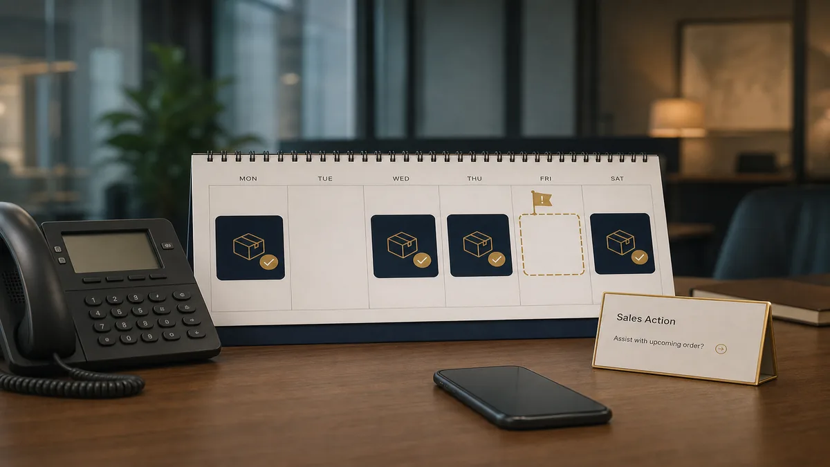 Account calendar with a missed order window and an internal sales note, not a blast email